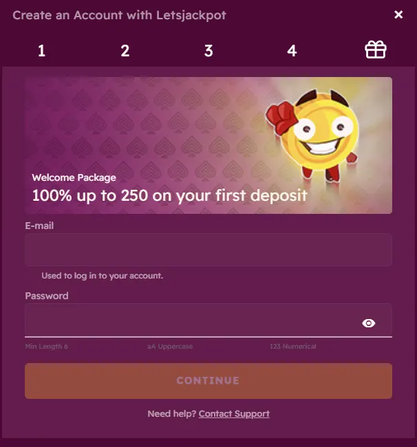 Instructies voor registratie bij LetsJackpot Casino
